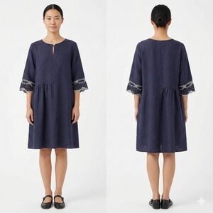 VALIA Made in Australia Navy 100% Linen Dress White Crochet Trim Sz L